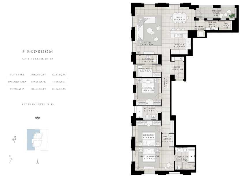 3-Bed, Unit-1, Level-28-33, Size-1984.44-sq.ft